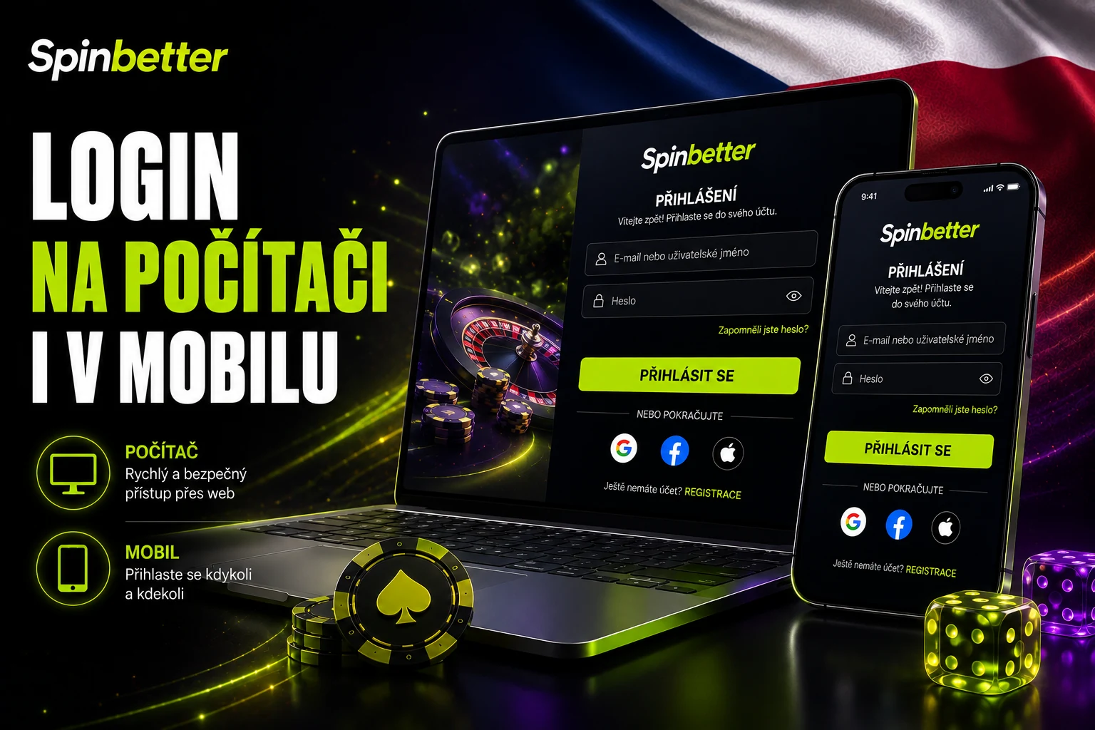 SpinBetter casino login na počítači i v mobilu